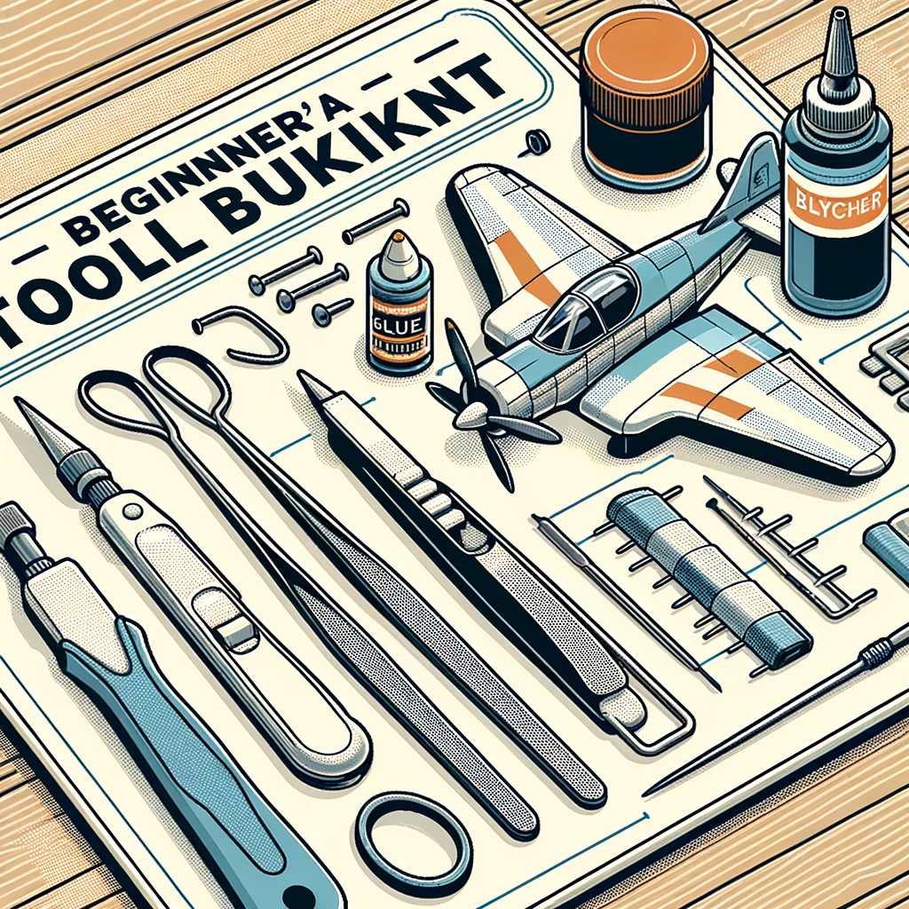 Here's the graphic for "The Beginner's Guide to Model Kit Building", illustrating a beginner's toolkit for model building. This includes a hobby knife, tweezers, glue, and a partially assembled model plane, all clearly labeled for educational purposes.