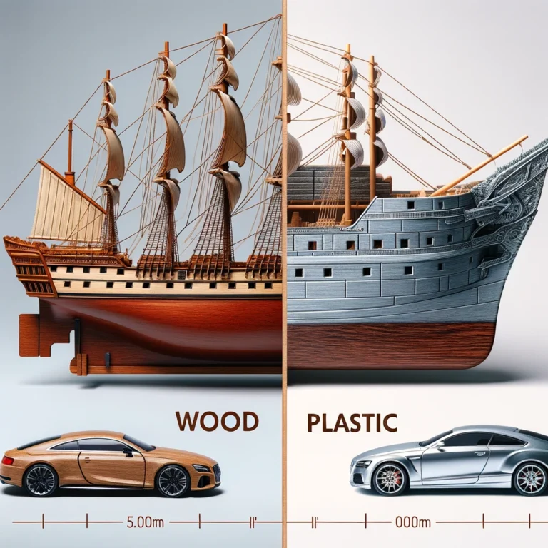 Here's the graphic for "Model Kits: Plastic vs. Wood, Which to Choose?", showcasing a split image comparison between a wooden ship model and a plastic car model. Each side highlights the texture and finish of the materials, labeled accordingly to help viewers easily distinguish between wood and plastic.