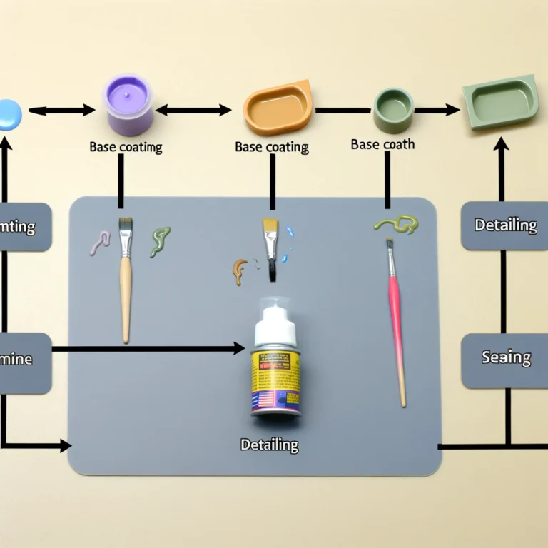 Here's the graphic for "Step-by-Step Guide to Painting Model Kits", depicting a flowchart of the painting process. The graphic includes colorful icons representing each step—priming, base coating, detailing, and sealing—connected by arrows to illustrate the sequence.