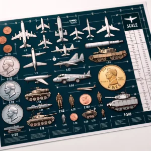 Here's the graphic for "The Role of Scale in Model Kits", featuring a visual scale guide. It shows common scales such as 1:35, 1:72, 1:144, and 1:500, each represented by a model next to a standard coin for size comparison. This clear and informative graphic is perfect for helping enthusiasts understand different scales.