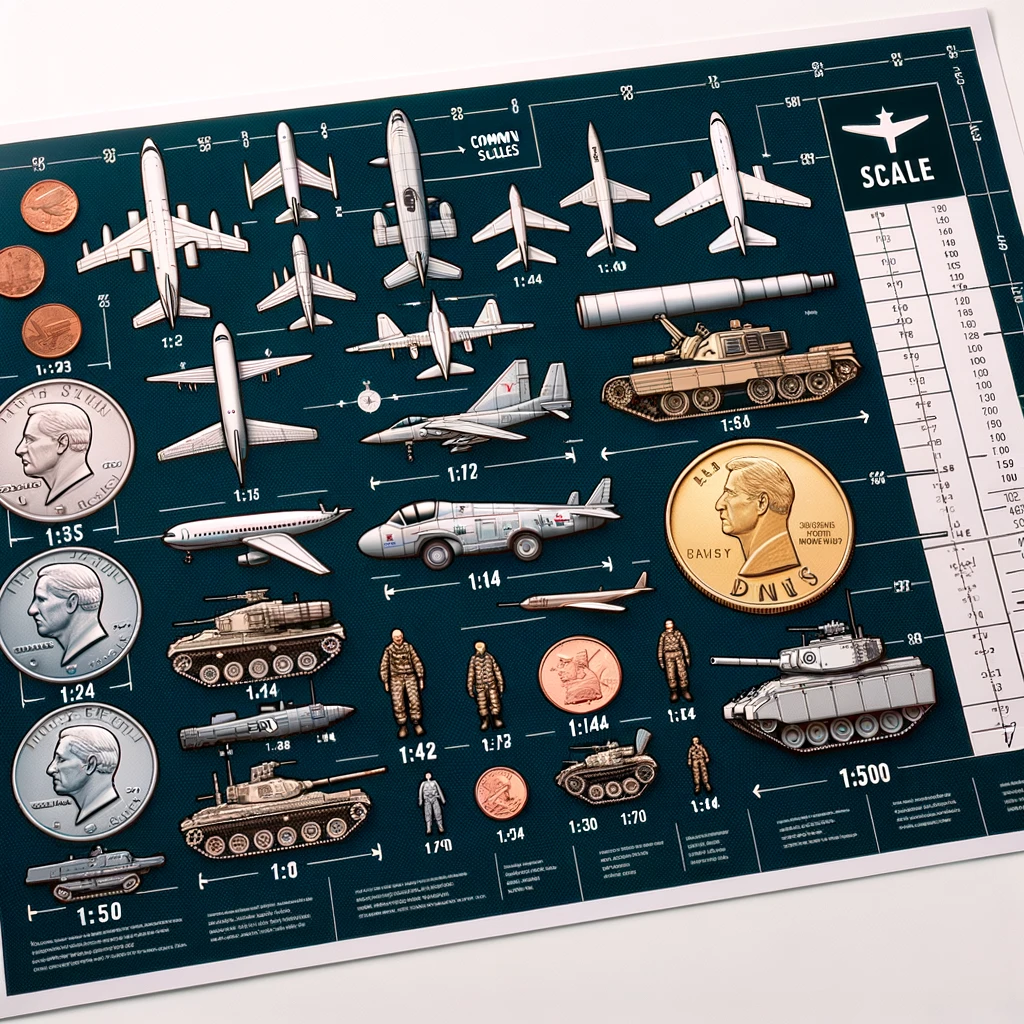 Here's the graphic for "The Role of Scale in Model Kits", featuring a visual scale guide. It shows common scales such as 1:35, 1:72, 1:144, and 1:500, each represented by a model next to a standard coin for size comparison. This clear and informative graphic is perfect for helping enthusiasts understand different scales.