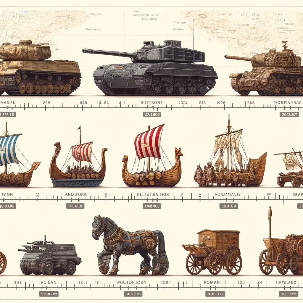 Here's the graphic for "Historical Model Kits: Building a Piece of History", featuring a timeline with historical events and corresponding model kits like a WWII tank, a Viking ship, and a Roman chariot. The graphic is designed to be both educational and visually engaging, with detailed representations of each era.