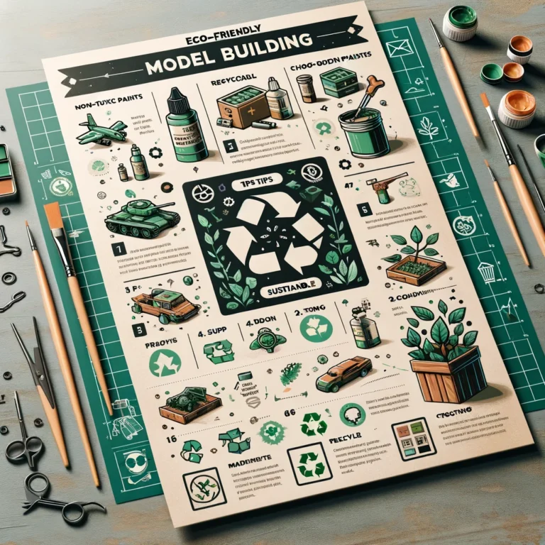 Here's the graphic for "Eco-Friendly Model Building: Tips and Tricks", featuring an infographic with sustainable hobbying tips. The graphic includes icons representing non-toxic paints, recycling old parts, and choosing sustainable materials, all designed in earth tones to emphasize eco-friendliness.