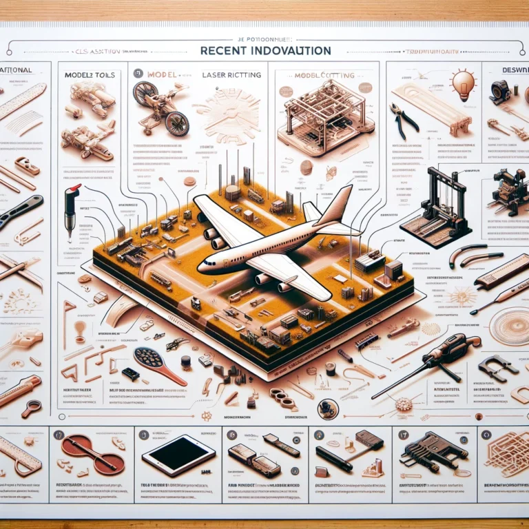 Here's the graphic for "Innovations in Model Kit Design and Technology", featuring a diagram that compares traditional model building techniques with modern methods like 3D printing and laser cutting. The diagram includes images and descriptions of both a classic model assembly and a model created with a 3D printer, emphasizing the technological advancements in the field.